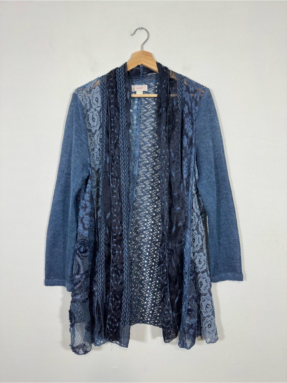 Kamana Women's Embroidered Lace Cardigan Duster Size XL Blue Boho Eclectic Chic